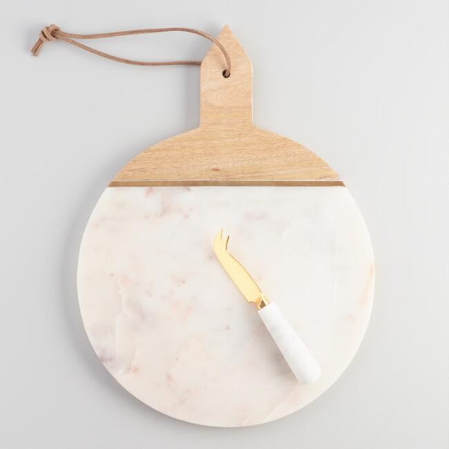 White Marble and Wood Cheese Board and Knife Set | World Market