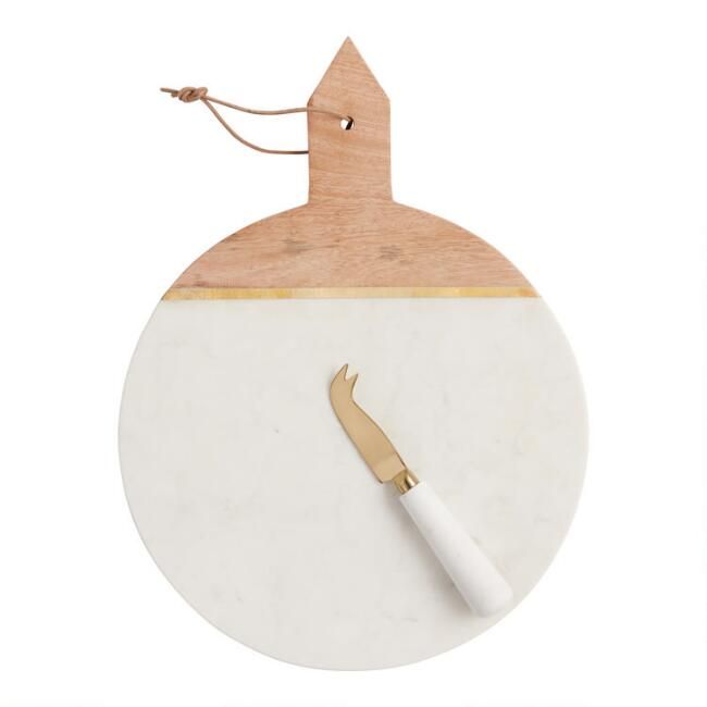White Marble and Wood Cheese Board and Knife Set | World Market