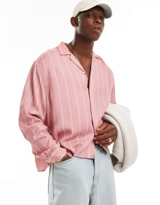 ASOS DESIGN oversized boxy shirt with revere collar in pink stripe | ASOS (Global)