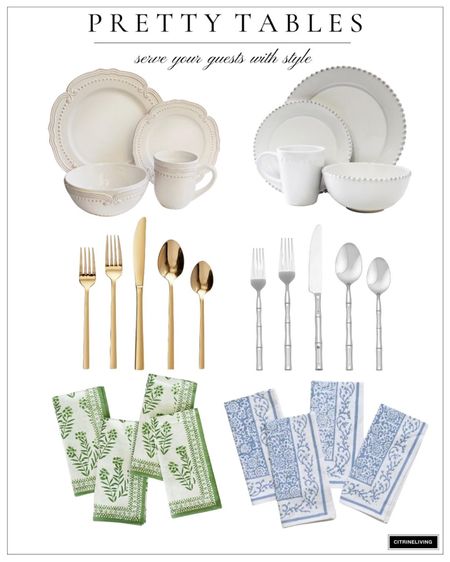 The prettiest tableware and napkins! Gorgeous green cloth napkins and blue cloth napkins in block print pattern are so pretty. Vintage inspired dishes, bamboo flatware and gold flatware are beautiful on any table 

#LTKhome #LTKFind #LTKstyletip
