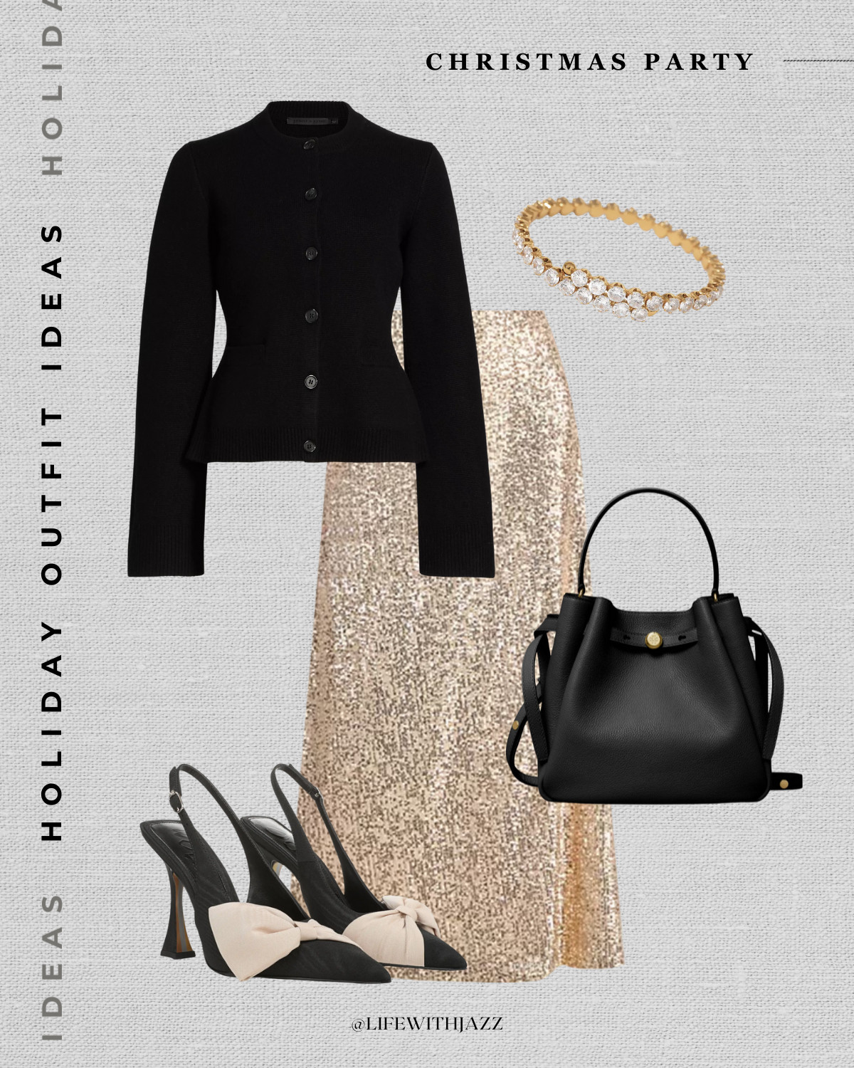  Holiday outfit — Christmas party 

Black sweater cardigan / gold sequin skirt / heels with bow / Tory Burch bucket tote bag / tennis bracelet 

 

#LTKootd #LTKHoliday