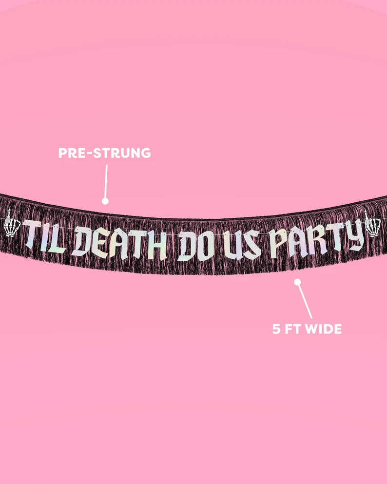 Xo, Fetti Til Death Do Us Party Fringe Banner - Black + Iridescent, 5 Ft. | Bachelorette Party De... | Etsy (US)