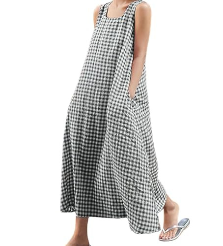 chouyatou Women's Summer Casual Loose-Fit Cotton Plaid Tank Maxi Dress with Pockets Boho Beach Su... | Amazon (US)