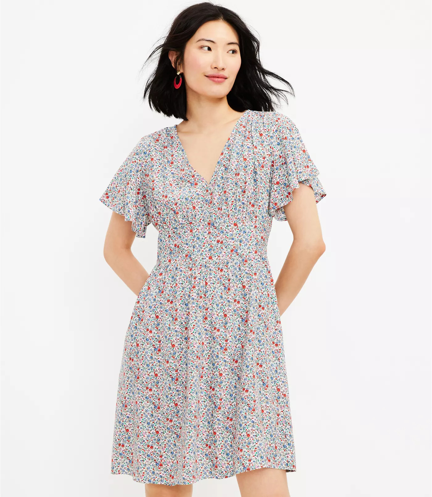 Floral Flutter Sleeve V-Neck Dress | LOFT | LOFT