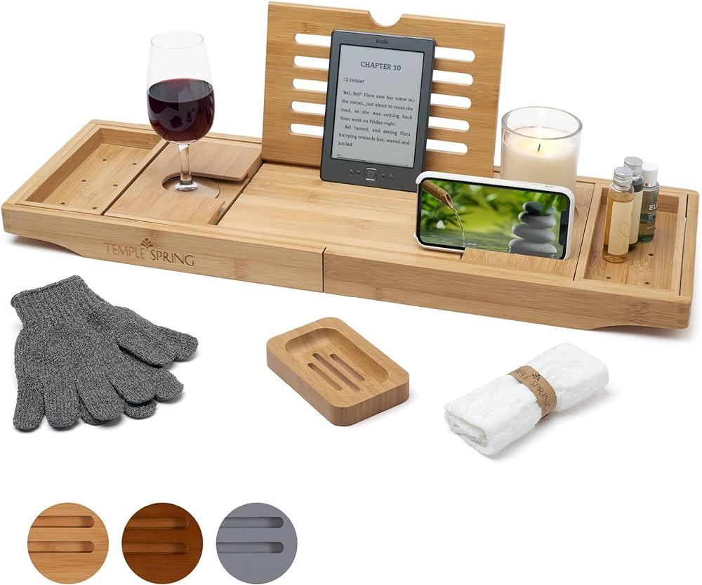 Temple Spring Bathtub Caddy Tray - Extendable Bath Tray for Bathtub with Candle, Wine Glass, Book, iPad & Phone Holders - Adjustable Bathtub Tray Over tub w/Bathroom Accessories - Bamboo Natural Wood | Amazon (US)