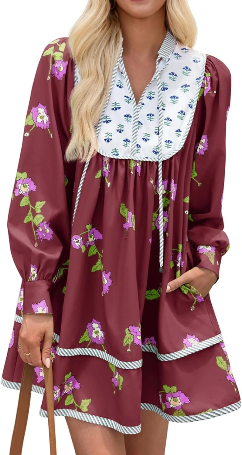 Wenrine Womens Floral Shirt Mini Dress Long Sleeve Patchwork Boho Dresses | Amazon (US)