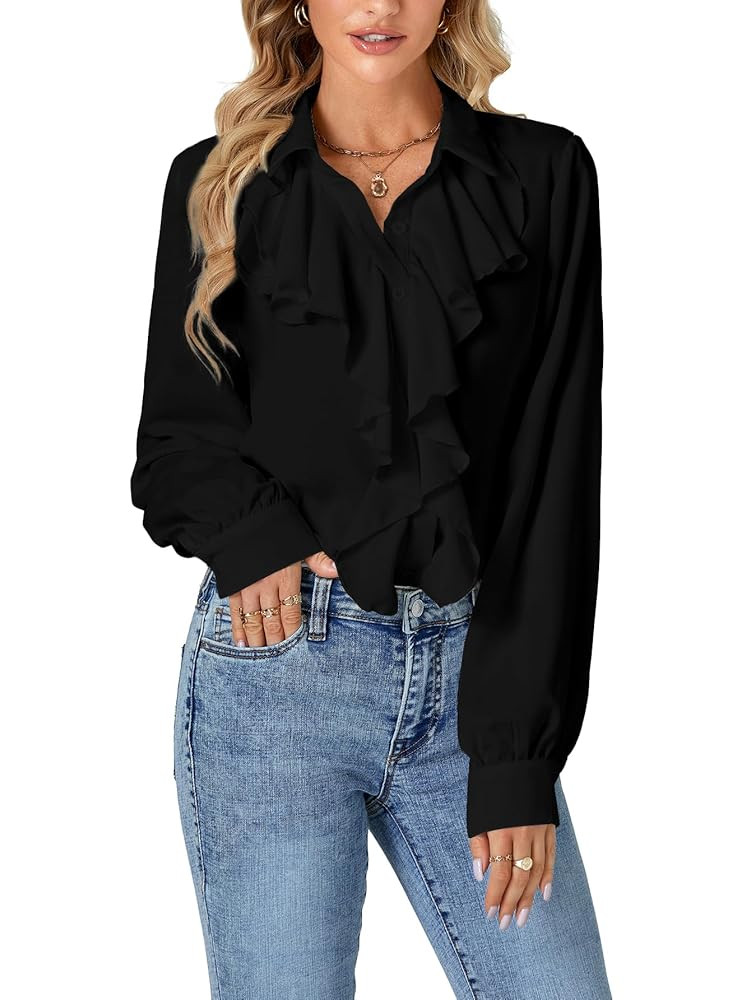 LYANER Women's Dressy Ruffle Blouse Long Sleeve Collar Neck Button Down Victorian Shirt Tops | Amazon (US)