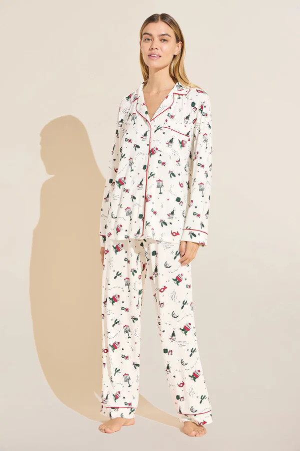 Gisele Printed TENCEL™ Modal Long PJ Set - Holiday Scribble Multi/Haute Red | Eberjey