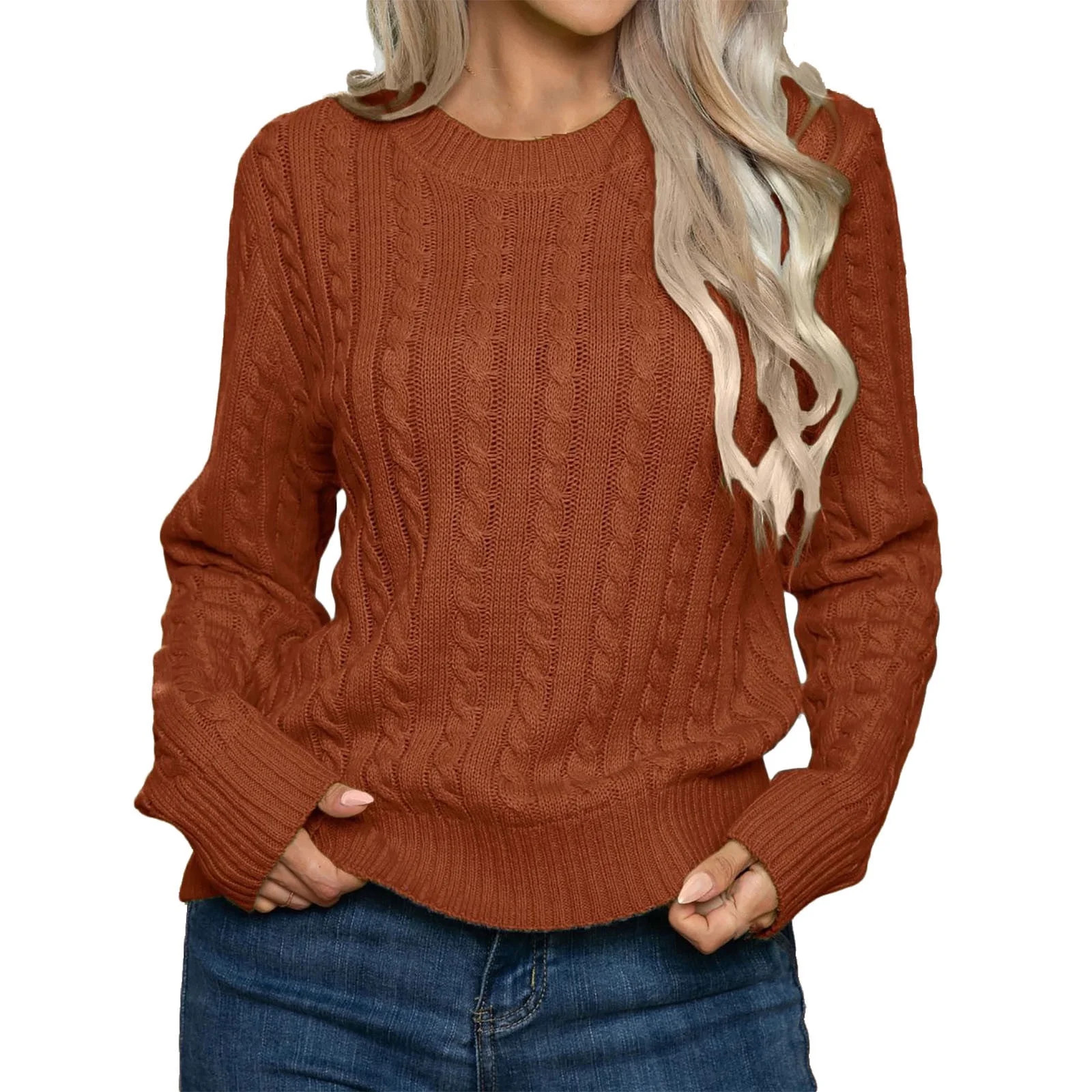 Knitted Crewneck Long Sleeve Solid Color Fall Trendy Sweaters for Women Tunic Casual Tops Jumper ... | Walmart (US)