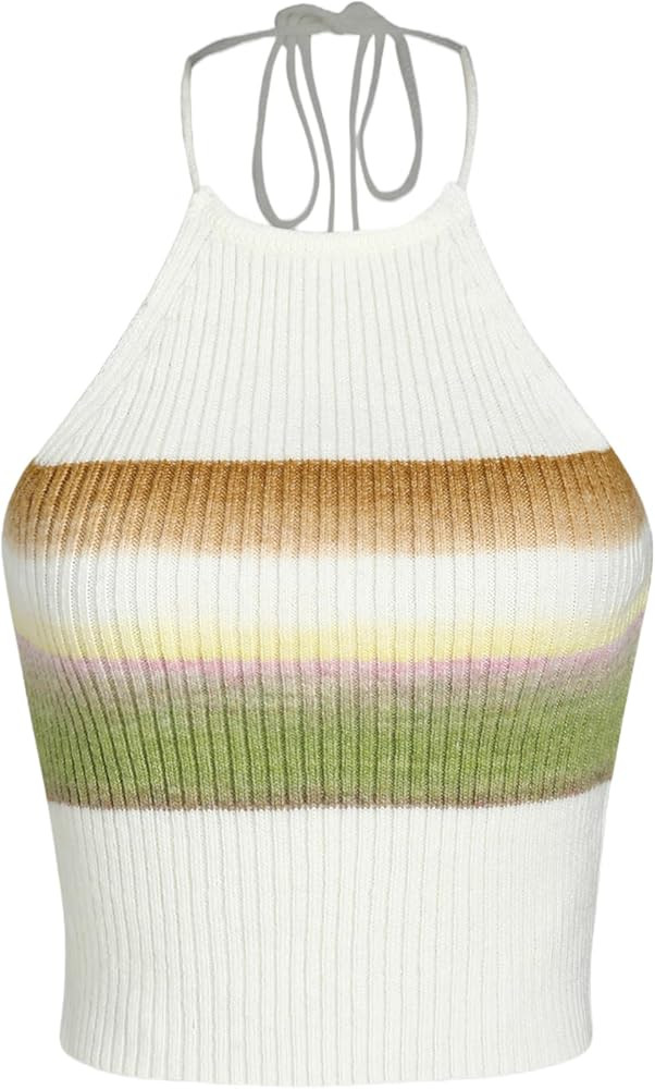 CIDER Miami Sunset Vacation Colorful Knit Halter Crop Cami Top | Amazon (US)