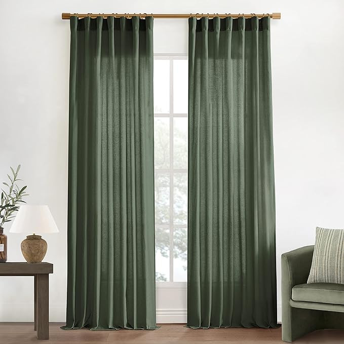 Olive Green Linen Curtains for Living Room 2 Panels Set 84 Inch Length,Back Tab Hooks Long Window... | Amazon (US)