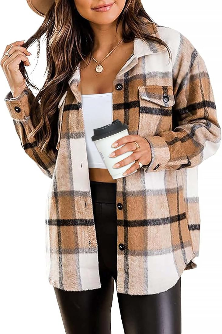 Womens Casual Plaid Shacket Wool Blend Loose Button Down Long Sleeve Shirt Flannel Lapel Pocketed... | Amazon (US)
