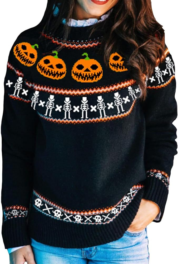 YEMOCILE Halloween Knitted Sweater for Women with Cute Ghost Pattern Gothic Streetwear with Long ... | Amazon (US)
