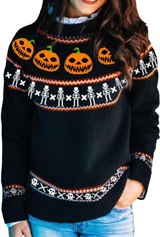 YEMOCILE Halloween Knitted Sweater for Women with Cute Ghost Pattern Gothic Streetwear with Long ... | Amazon (US)