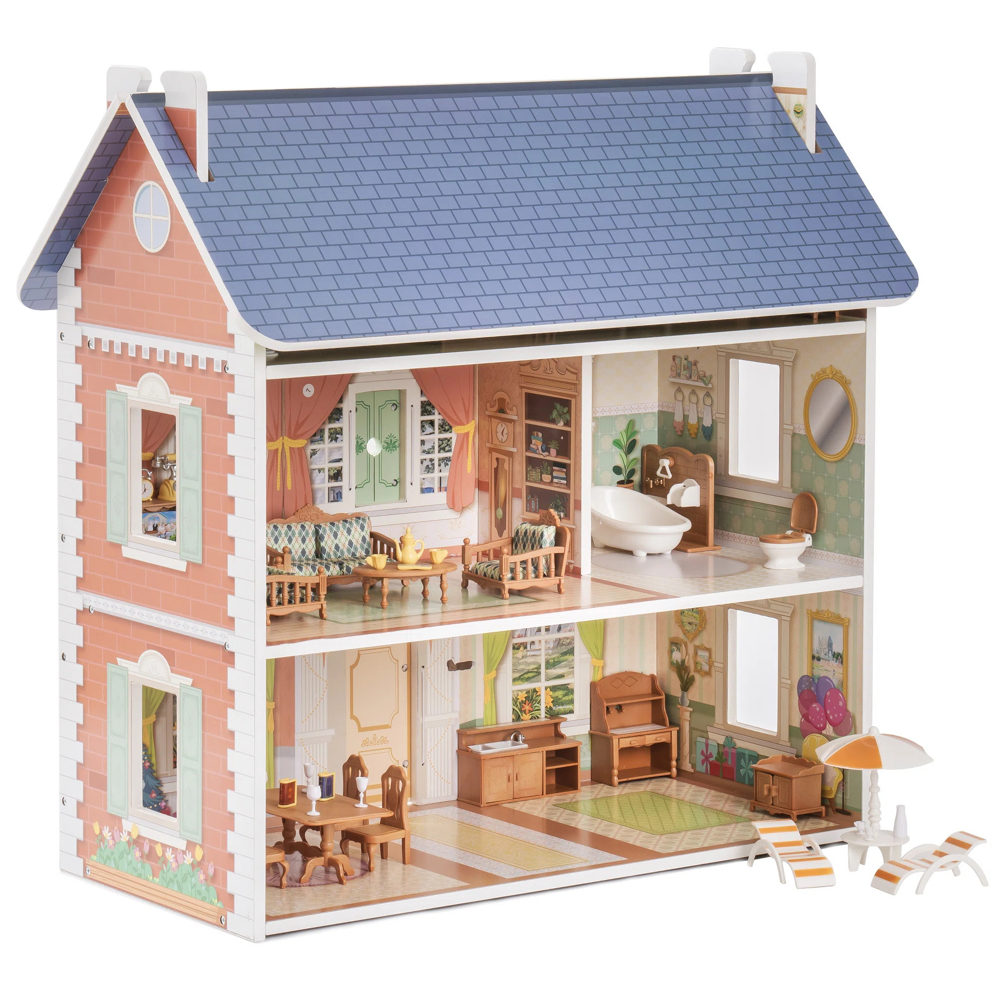 Large Vintage Wooden Dollhouse For Kids With Furniture Accessories For Birthday And Christmas ,Brick Red | Wayfair North America