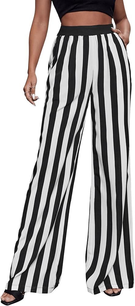 SweatyRocks Women's Striped Extra Long High Waited Wide Leg Pants Loose Casual Trousers with Pock... | Amazon (US)