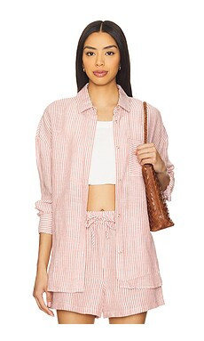 onia Air Linen Boyfriend Shirt in Oxblood & White from Revolve.com | Revolve Clothing (Global)