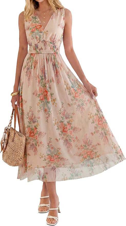 BerryGo Womens Floral Wedding Guest Dress Boho Summer Flowy A Line Casual Sleeveless V Neck Empir... | Amazon (US)
