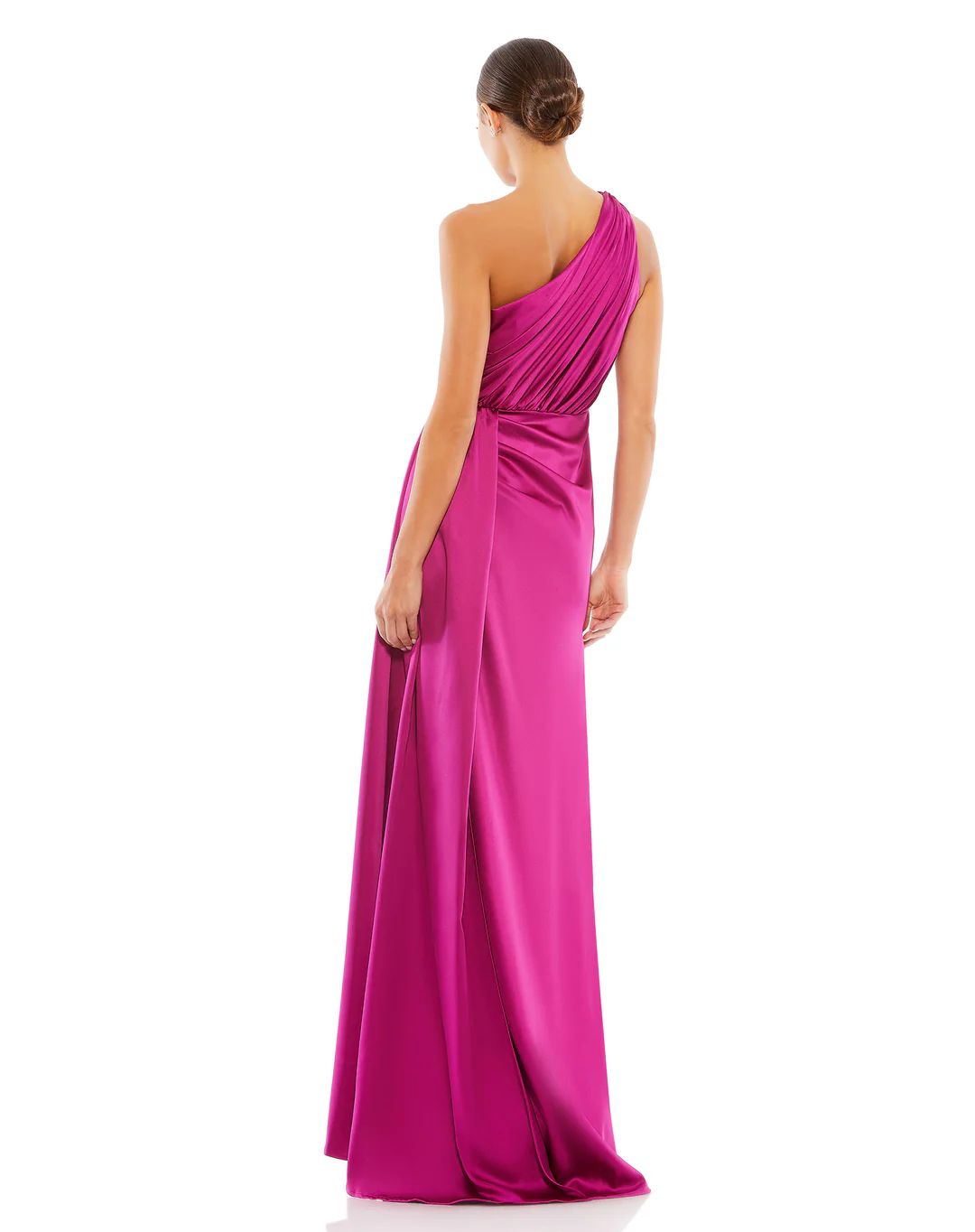 Gathered One Shoulder Satin Faux Wrap Gown | Mac Duggal