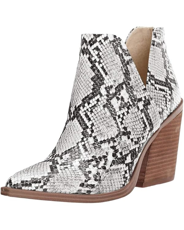 Kathemoi Womens Slip on Ankle Boots V Cutout Pointed Toe Chunky Stacked Mid Heel Booties | Amazon (US)