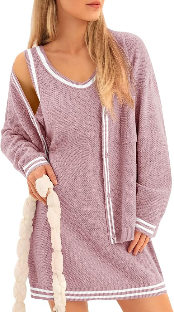 Fisoew Womens 2 Piece Outfits Casual Button Down Cardigan Sleeveless Loose Mini Dress Knit Sweate... | Amazon (US)