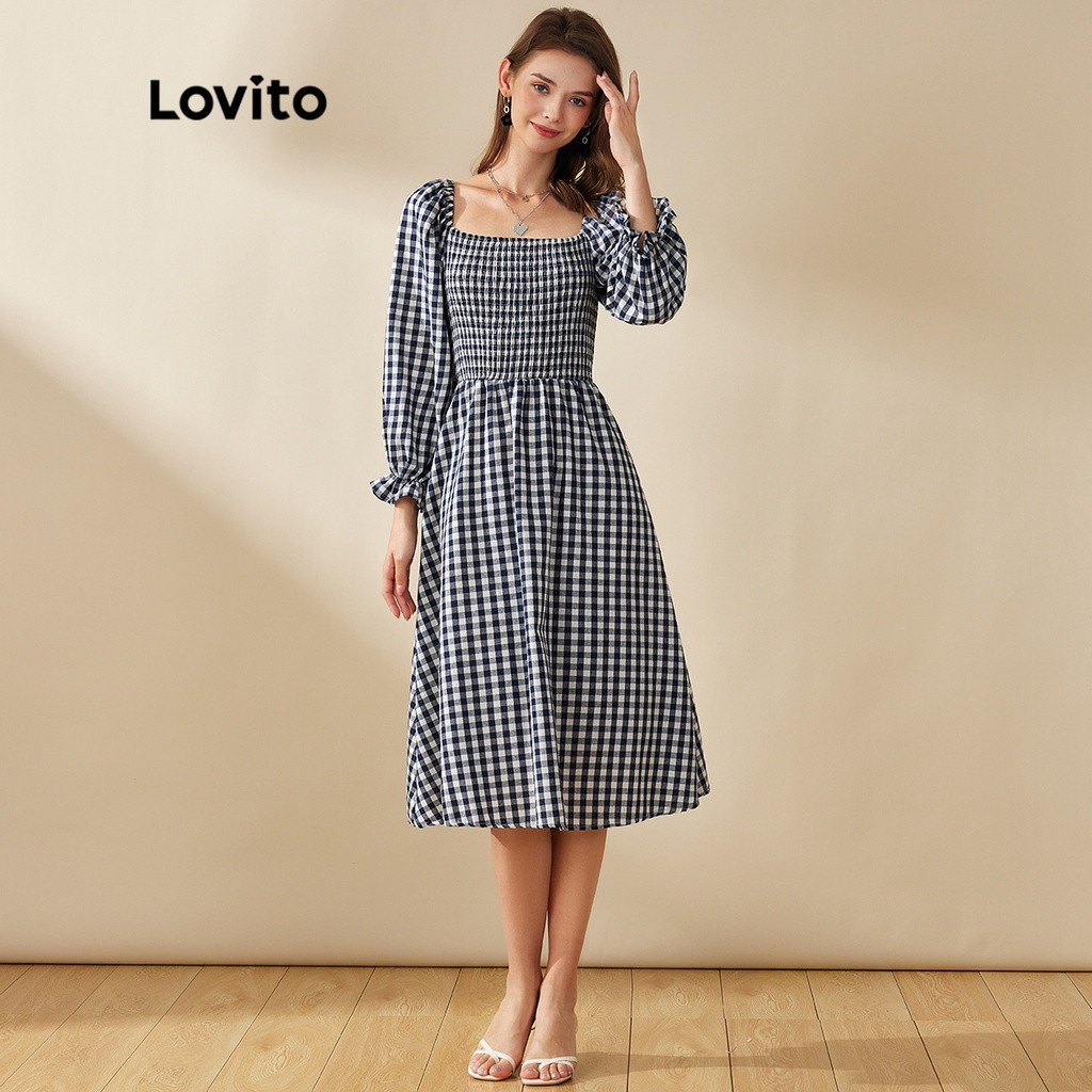 Lovito Vestido De Manga Xadrez Gola Quadrada Bishop L20D1299 (Preto) | Shopee (BR)