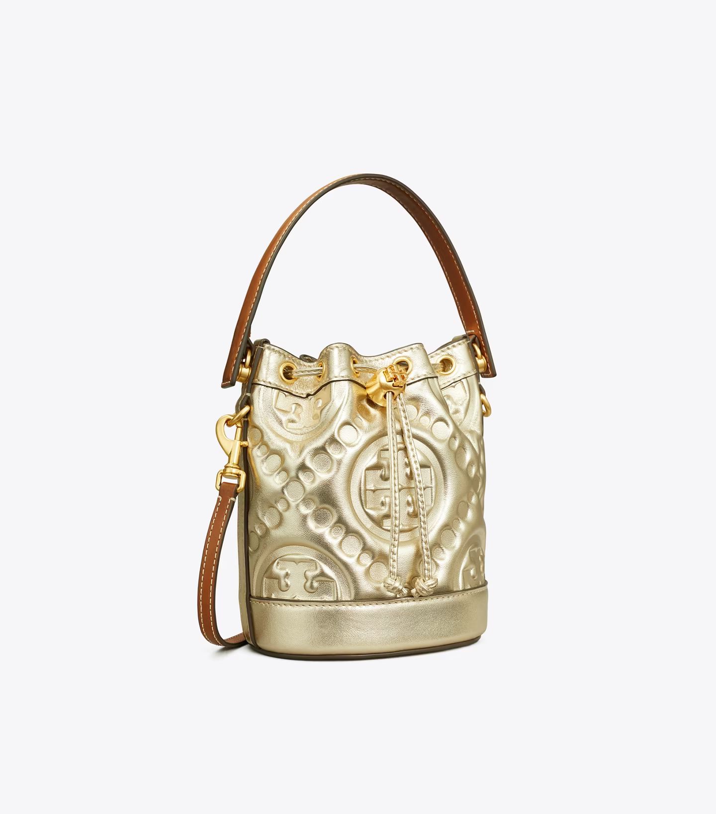 T MONOGRAM EMBOSSED METALLIC MINI BUCKET BAG | Tory Burch (US)