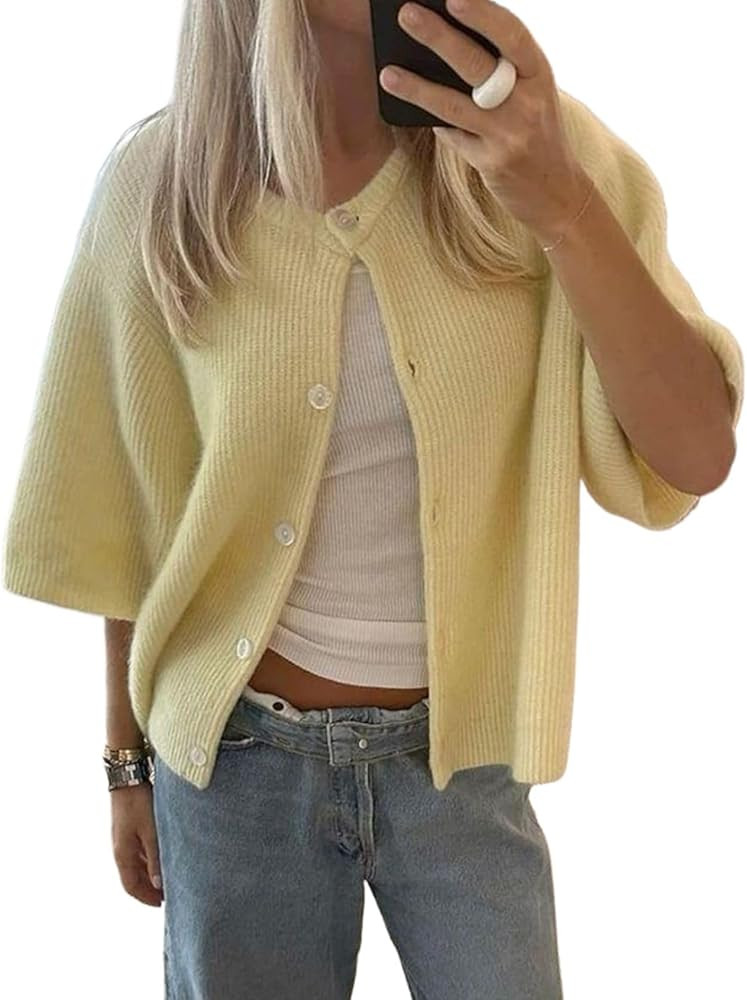 Cioatin Women Yellow Short Sleeve Button Down Crop Cardigan Sweater Y2K Oversized Aesthetic Knit ... | Amazon (US)