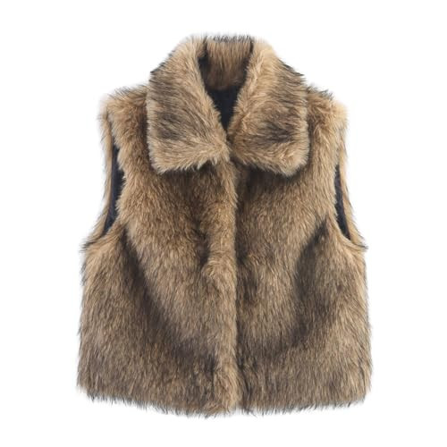 Women’s Furry Faux Fur Vest, Lapel Collar Sleeveless Button Down Fall Winter Crop Waistcoat, Comfy Soft Warm Gilet Outerwear (Brown,X-Small) | Amazon (US)