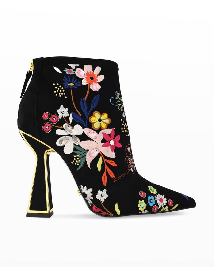 Kat Maconie Lucie Floral Embroidered Suede Booties | Neiman Marcus