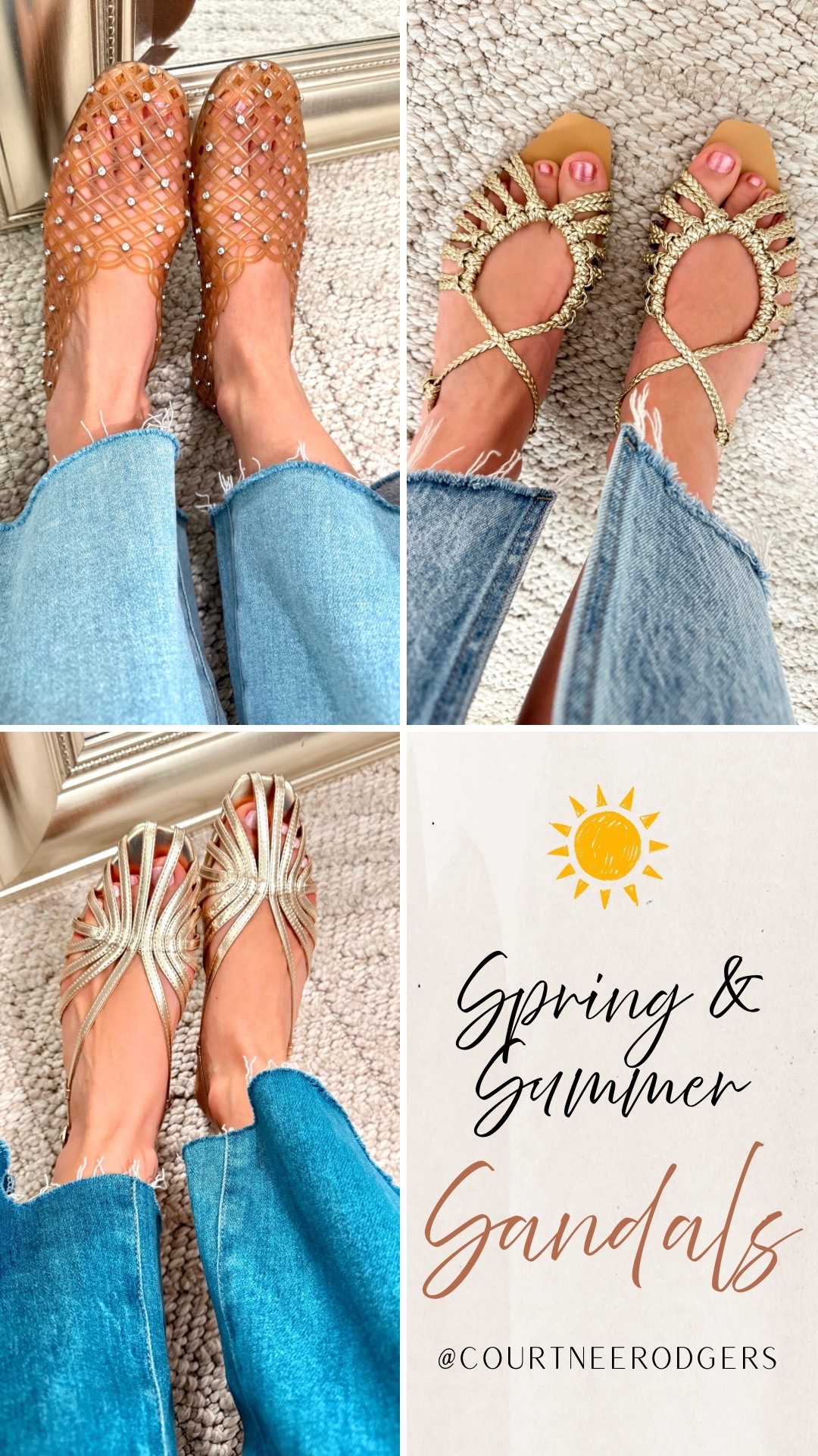 Peep toe women sandals, size 7.5 (TTS)
Gold covered sandals size 7.5 (TTS)
Steve Madden Jellies size down if in between (I got a size 7)

Amazon sandals, designer sandals, spring sandals, gold sandals 

#LTKootd #LTKSaleAlert #LTKmomlife