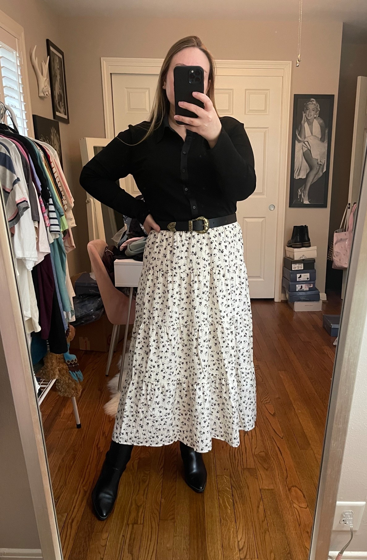 Nashville outfit, country western, rodeo, country concert, maxi skirt, target style, target outfit, black boots, pointed toe boot, western style, black belt, black and gold belt, black button down top, black collared top, midsize stying, midsize fashion, high waisted skirt

#LTKootd #LTKMidsize #LTKBump