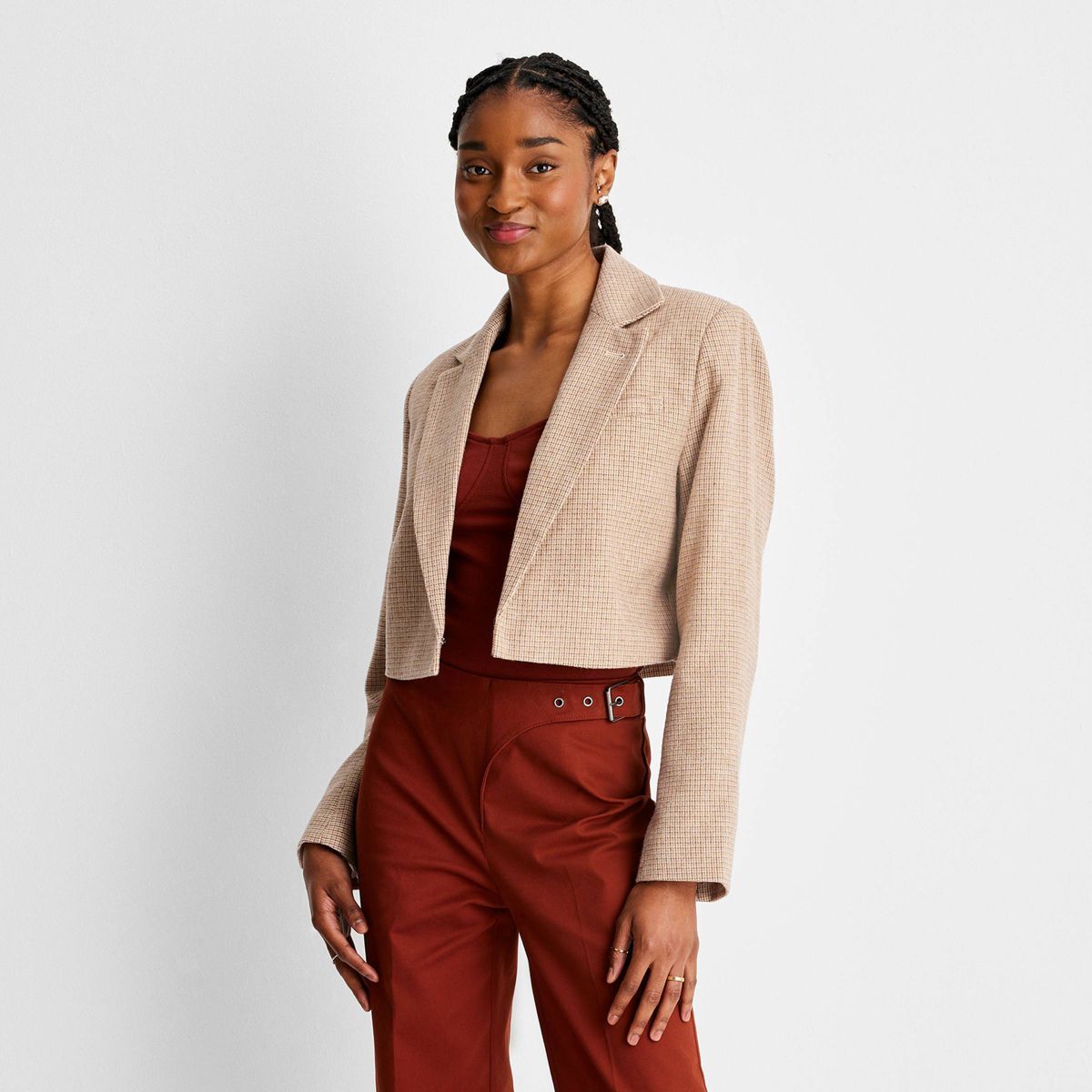 Women's Long Sleeve Plaid Cropped Blazer - Future Collective™ with Reese Blutstein Cream | Target