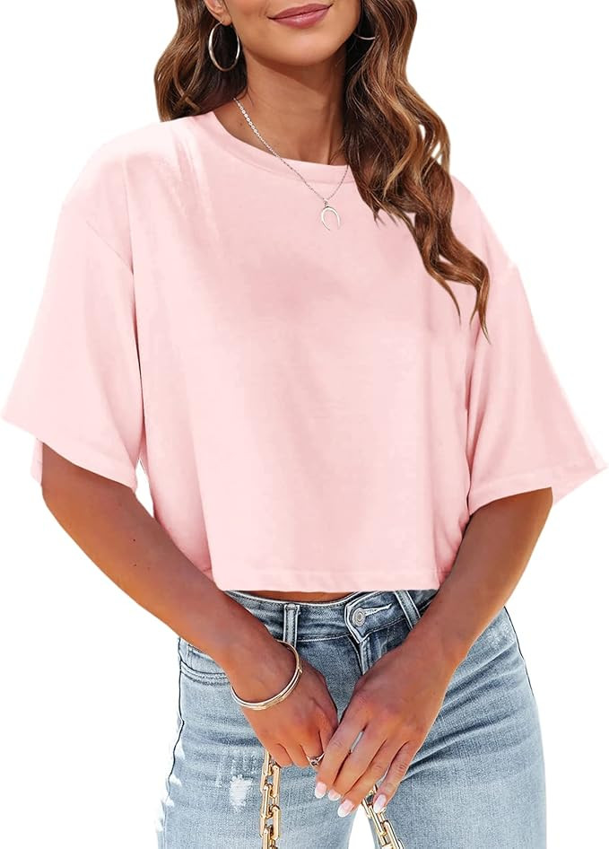 Tankaneo Women Half Sleeve Cropped T Shirt Drop Shoulder Round Neck Crop Tops Casual Summer Solid... | Amazon (US)