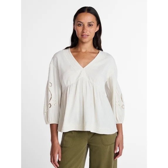 Time and Tru Women's Long Sleeve Poet Sleeve Broderie Anglaise Top, Sizes XS-XXXL | Walmart (US)