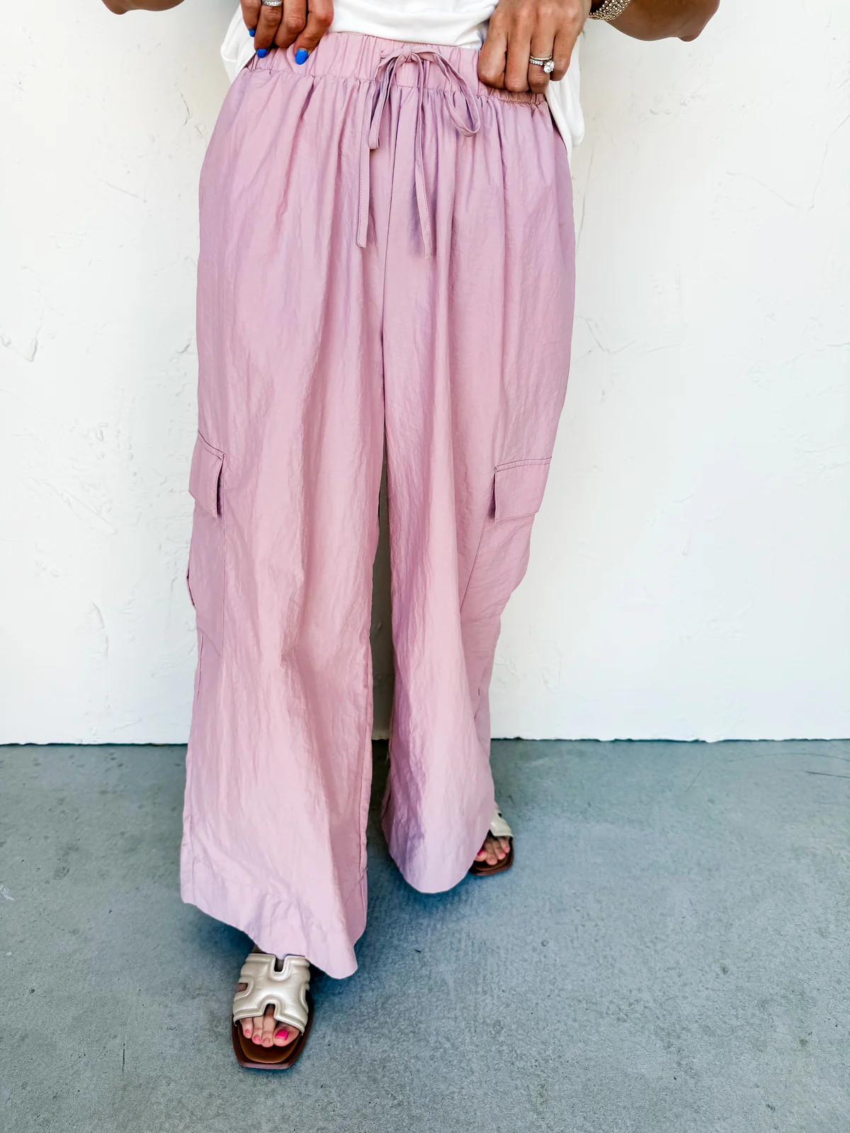 On The Go Cargo Drawstring Wide Leg Pants-Dusty Pink | Ruthie Grace