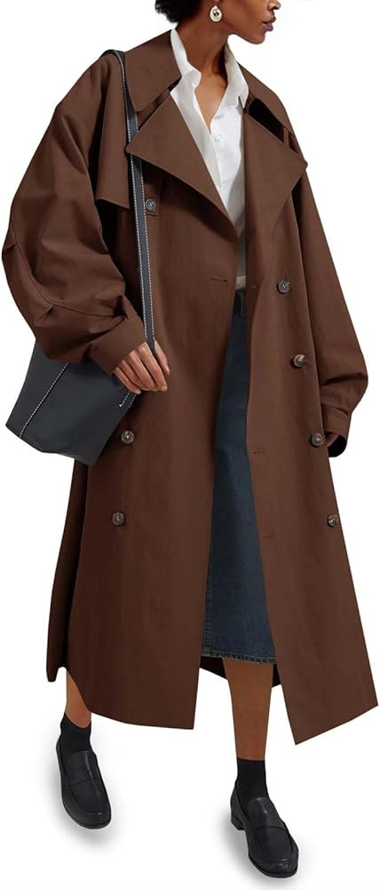 Tankaneo Womens Double Breasted Long Trench Coat Oversized Classic Lapel Belted Overcoat | Amazon (US)