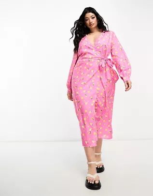 In The Style Plus wrap tie side midi shirt dress in pink print | ASOS (Global)