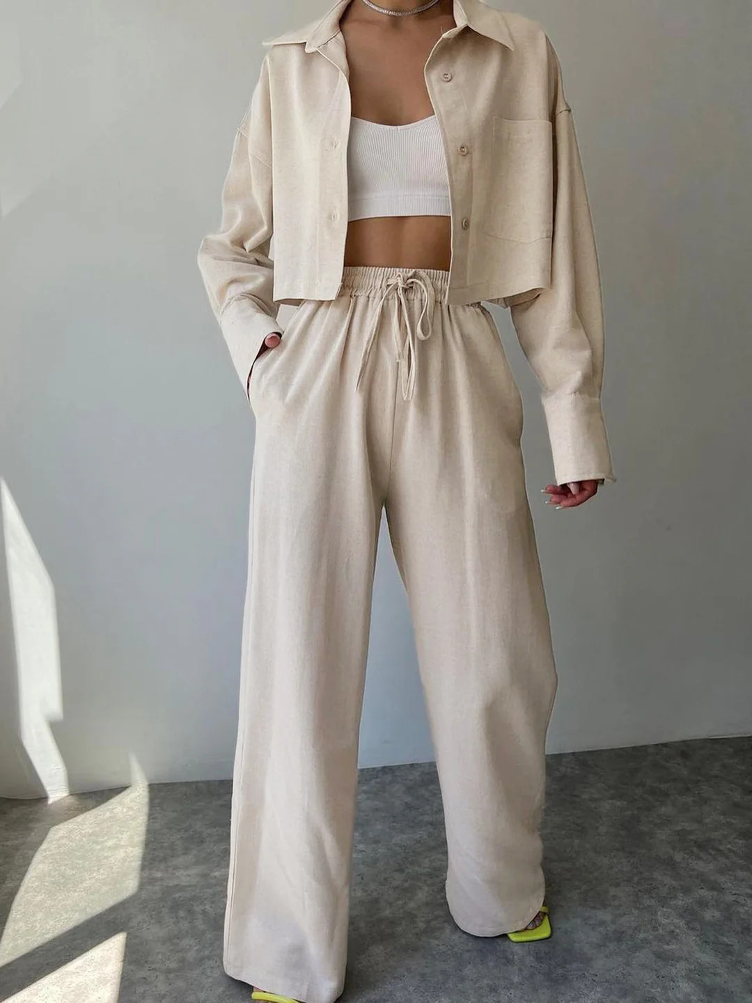 Collared Drawstring Two Piece Pants Set | Commense