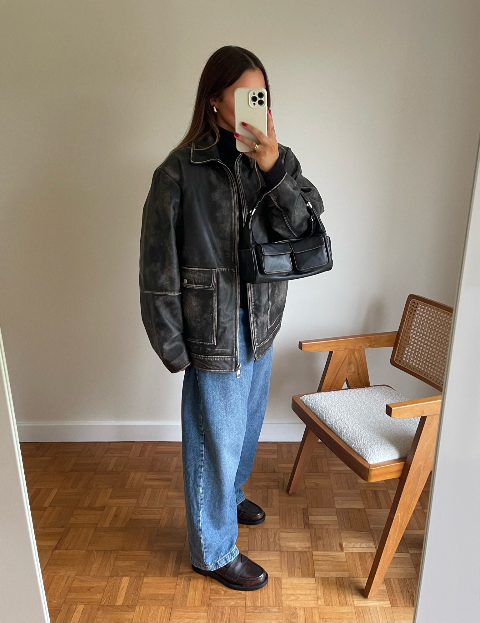 leather jacket, blue jeans, roll neck jumper, loafers, outfit style inspo 