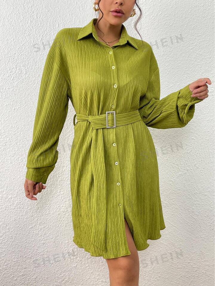 Drop Shoulder Belted Shirt Dress | SHEIN