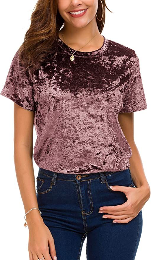 Women's Crew Neck Velvet Top Short Sleeve T-Shirt | Amazon (US)