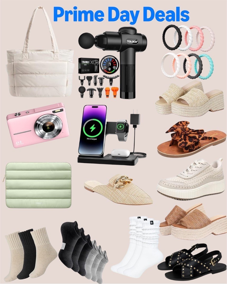 Prime day deals that include tote bags, summer essentials, socks, shoes, sneakers, sandals , heels , professional shoes, mules, laptop sleeve, school stuff, digital camera, charging stand, silicone rings, massage gun✨ #primeday #deals #amazoninfluencer 

#LTKShoeCrush #LTKFindsUnder50 #LTKSaleAlert