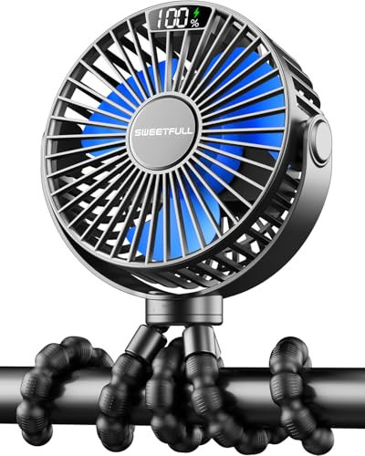 SWEETFULL Portable Stroller Fan with LED Display, 4 Speed Rechargeable Mini Clip On Fan, 360° Rotate Flexible Tripod Better Cooling Small Baby Fan for Car Seat Crib Travel Bike Treadmill (Black) | Amazon (US)
