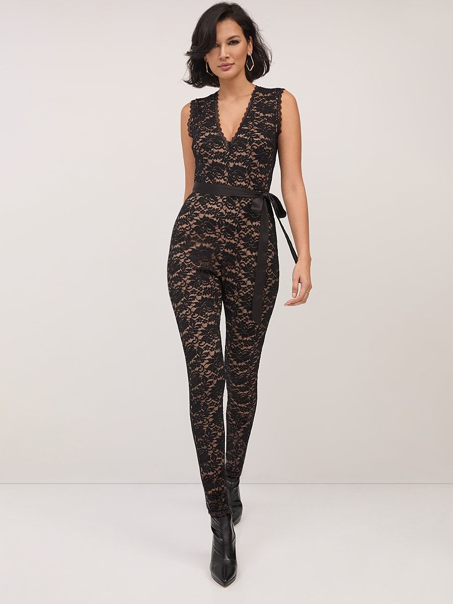 NY & Co Women's Lace V-Neck Catsuit Black Size Medium Spandex/Polyester | New York & Company