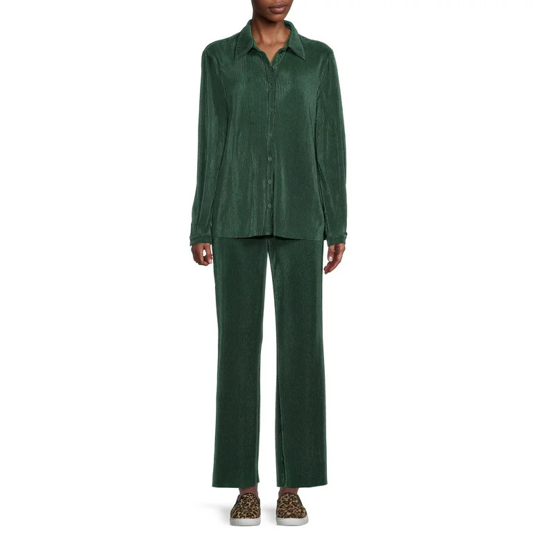 Nine.Eight Women’s Crinkle Cut Shirt and Pants Matching Set, 2-Piece | Walmart (US)