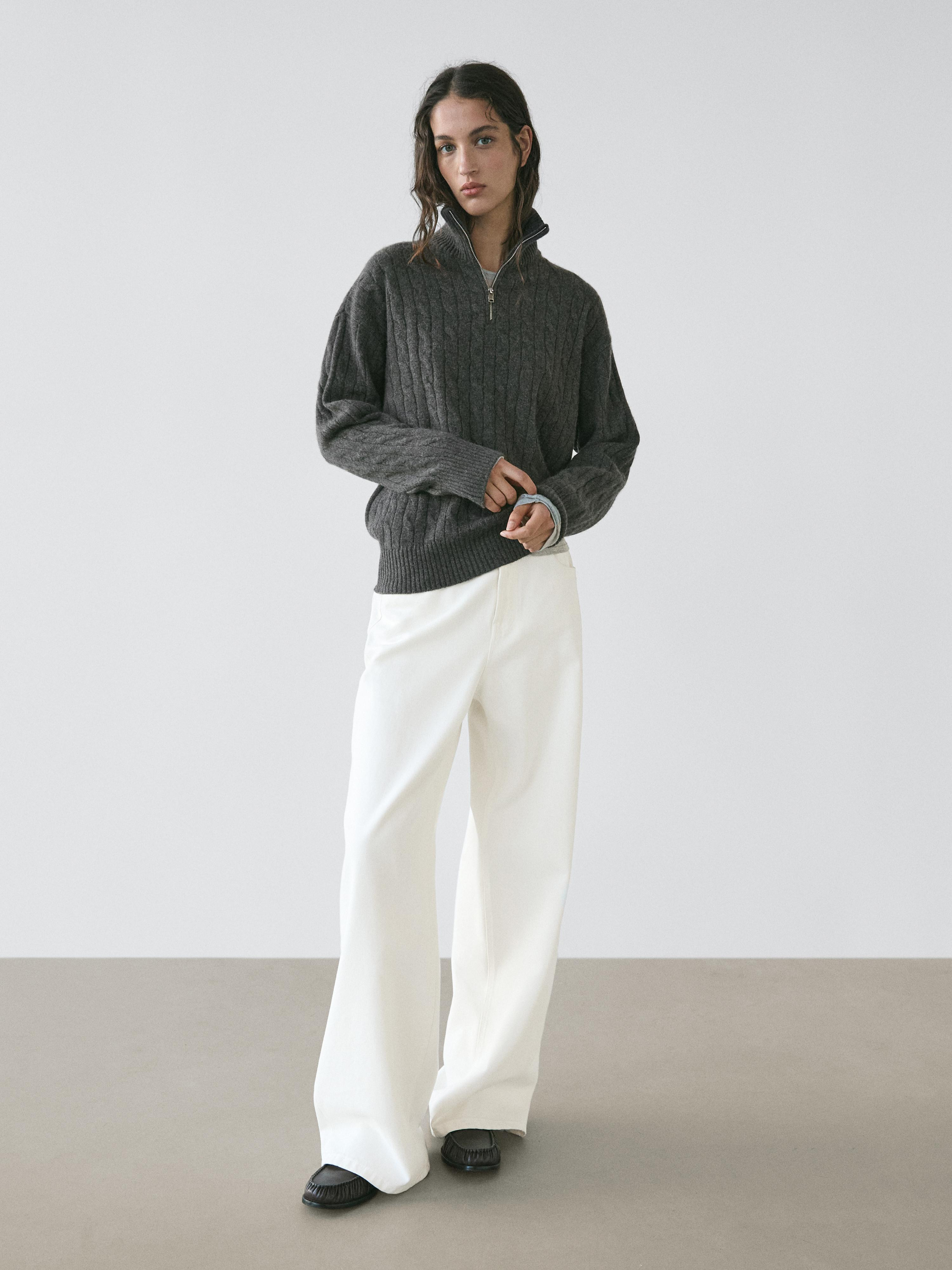 Knit sweater made of 100% Cashmere fabric.. Long sleeves. Zipped high neck. Braided detail. Soft ... | Massimo Dutti UK