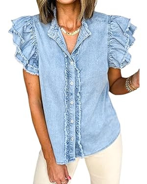 Chvity Summer Women's Button Down Denim Tops Ruffled Flutter Sleeve Blouse V Neck Casual Shirt To... | Amazon (US)