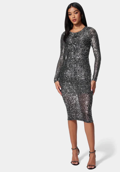 Sequin Cowl Back Midi Dress | Bebe