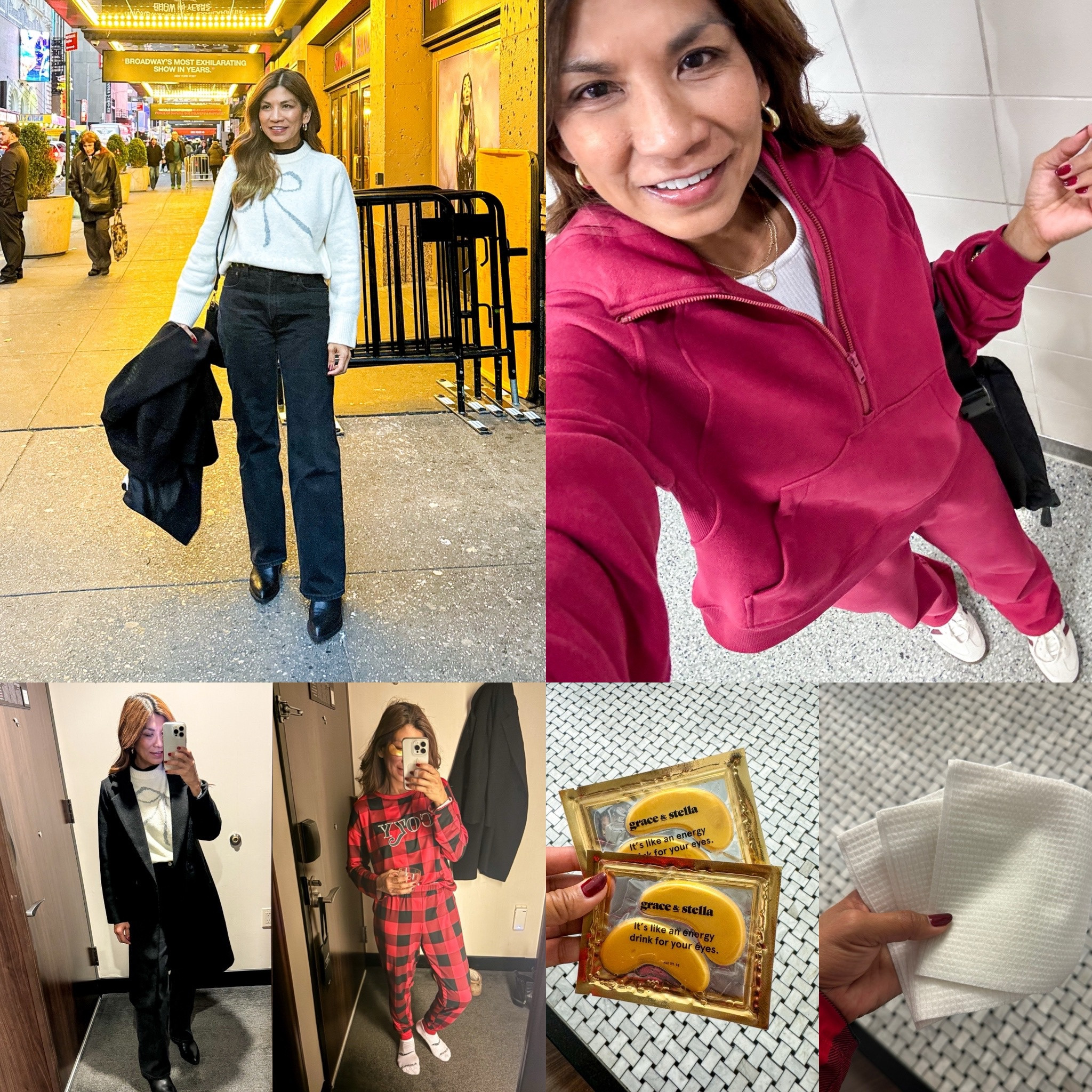 NYC Day 1, travel outfit, airport outfit.
Sweater with bow print in XS tts( a bit oversized). 
Black jeans tts in short length I’m 5’2”.
Black coat in small.
Thermal turtleneck in small.
Boots(comfy for NYC walking) fit tts.
Holiday pajamas in small(runs big)!
Airport outfit: pullover sweatshirt and sweatpants both in XS. Color pomegranate. 
Sneakers tts.
Beauty products I always take with me when traveling: eye mask and disposable wash cloths.
NYC travel, Black Friday Deals,Amazon finds, fall fashion , winter fashion, fashion over 50, midlife fashion, petite fashion, vacation outfits

#LTKCyberWeek #LTKOver40 #LTKHoliday